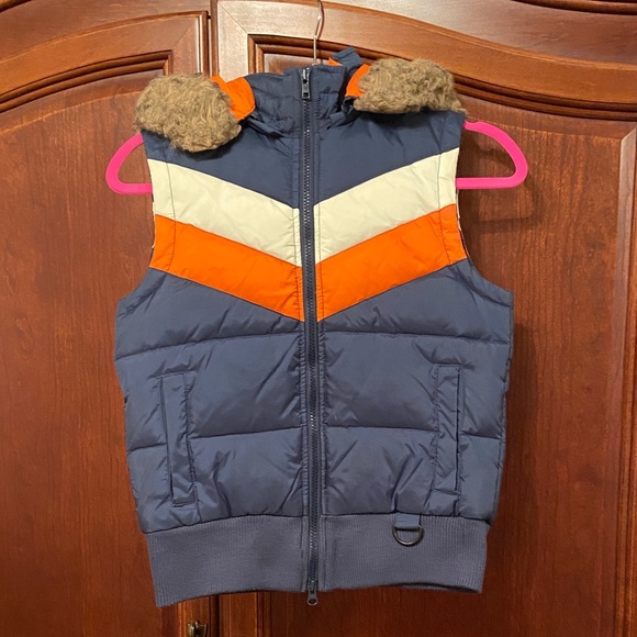 dELiA*s Jackets & Blazers - Delias Ski Vest 70s/Retro/Vintage/fur hood/small/orange/navy/classic/Y2K 90s